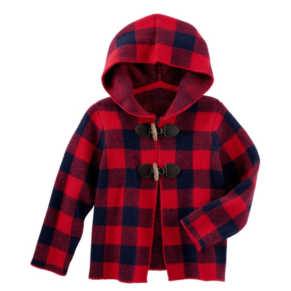 OSHKOSH B'GOSH || Baby Girl Buffalo Plaid Hooded Sweater Cardigan - SZ 12M - Picture 2 of 5